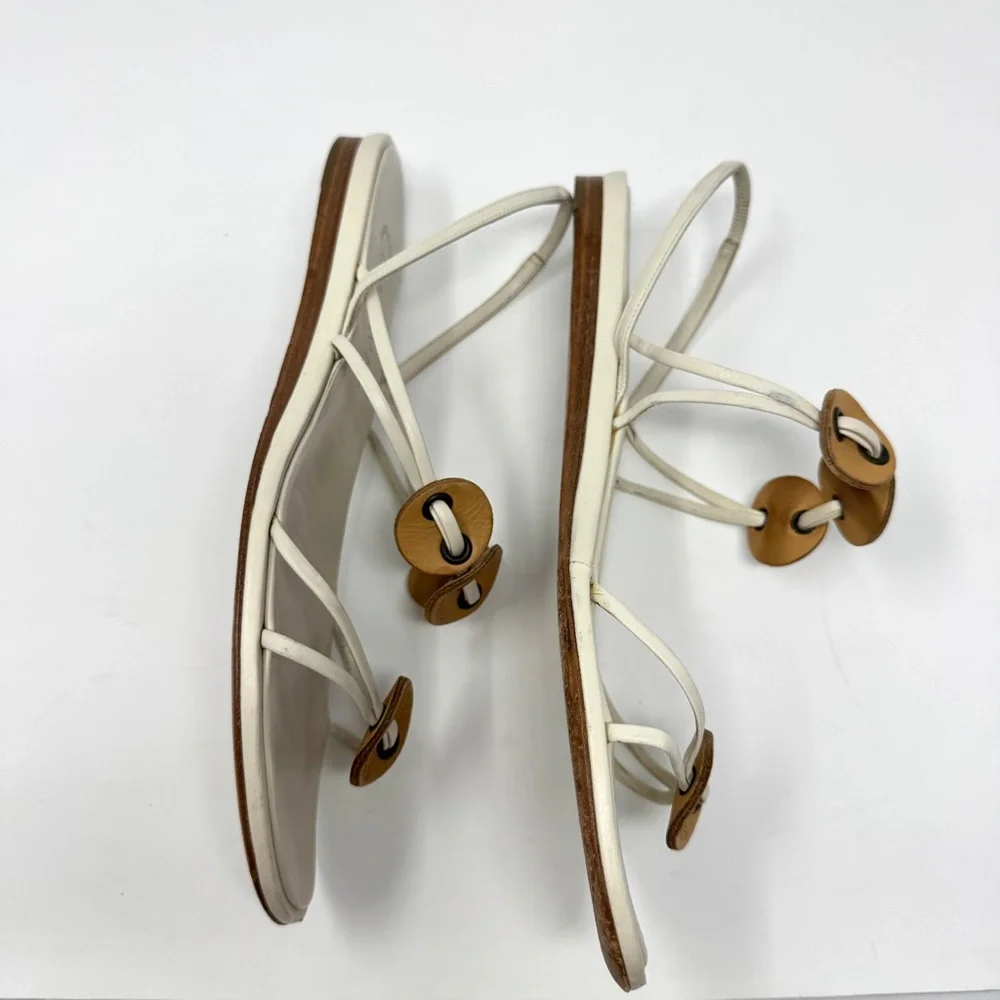 Chanel Flat Thong Sandals Cream with Brown Leather Medallions